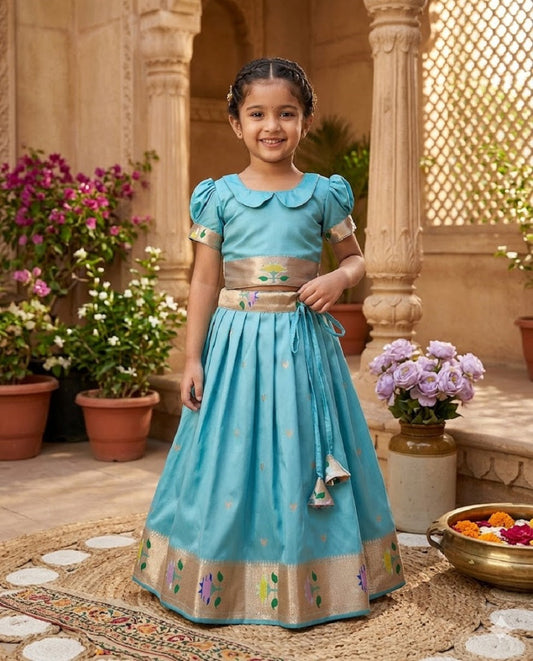 Evanik Blue Soft Silk Paithani Design Zari Weaving Pavadai Lehenga Choli For Kids
