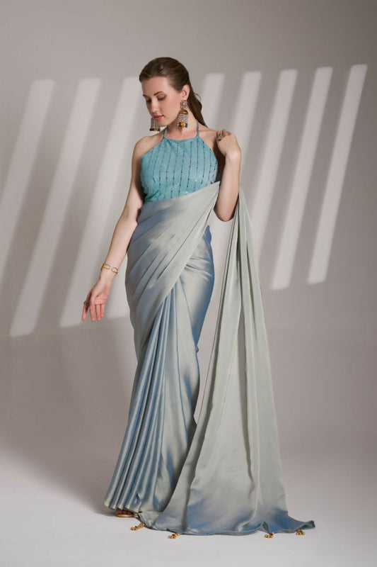Grey Satin Rangoli Solid Fancy Designer Saree - Nafisa