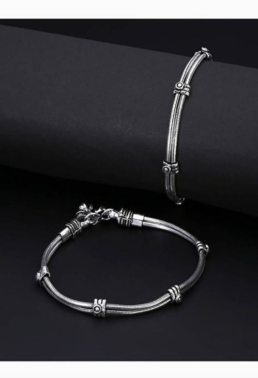 Mominos Fashion Kamal Johar Oxidised Silver Double Lined Anklets