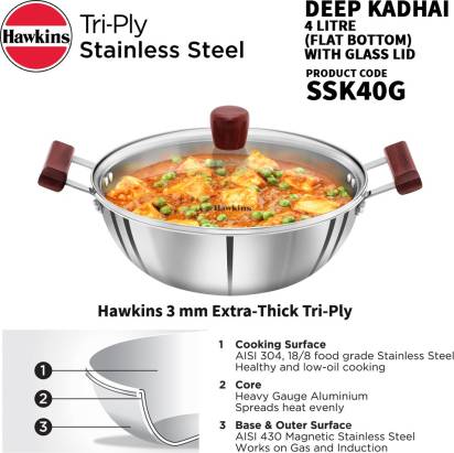 Hawkins Triply Stainless Steel Kadhai 28 cm Diameter with Lid 4 L (SSK40G) - Grab2buy