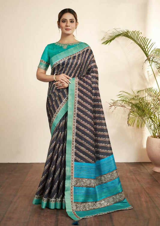 Navy Blue Bhagalpuri Silk Stripe printed with Stone Work & Hand Work Saree - Norita Nirvi