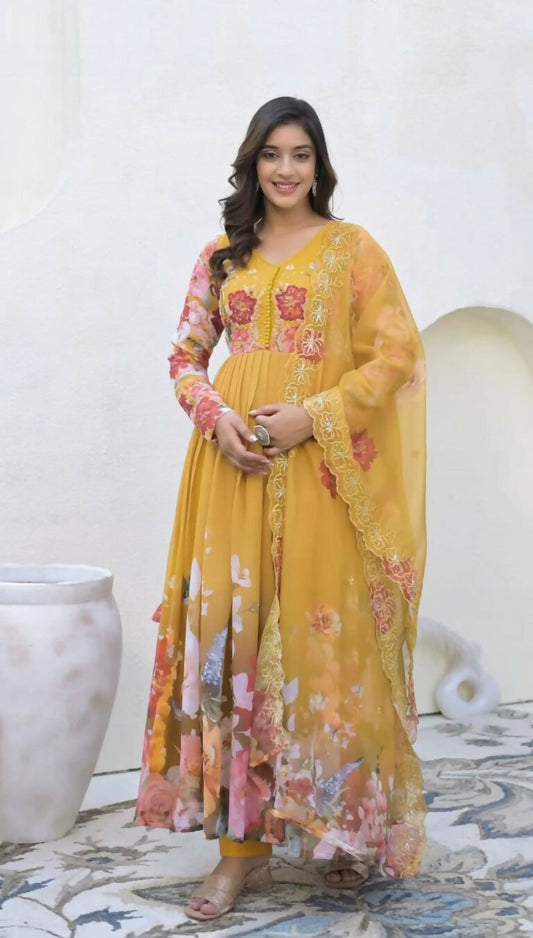 Teeya Creation Yellow Color Faux Georgette Printed Party Wear Gown