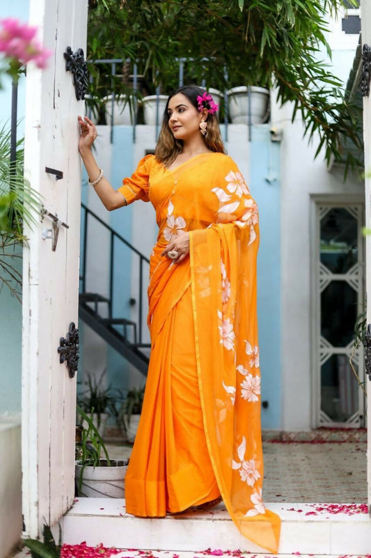 Exclusive Collection Beautiful Orange Pure Cotton Hand Print Handloom Grab2Buy With Running Blouse Piece