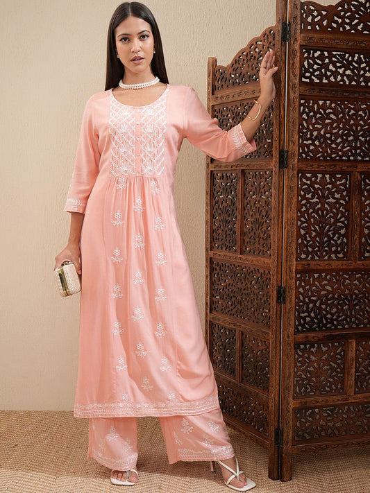 Vishudh Peach-Coloured Floral Embroidered Thread Work Straight Kurta With Palazzos | Grab2Buy
