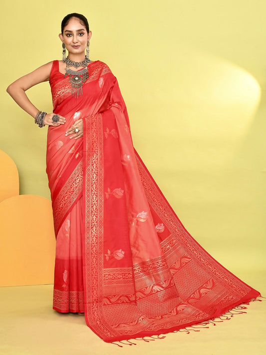 Joban Fashion Peach & Red Plain With Weaving Border Banarasi Silk Sarees | Swadesiicart