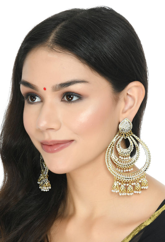 Mominos Fashion Johar Kamal Triple Circle White With Red Golden Big Size Earrings - Grab2buy