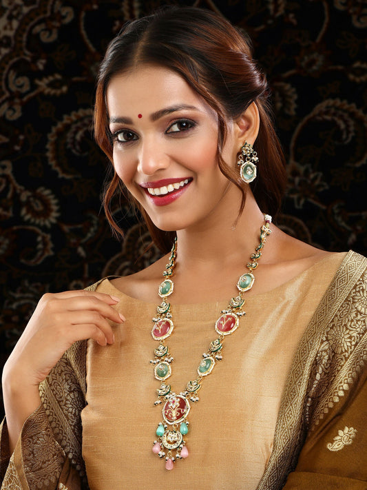 Ruby Raang Gold Polished Kundan Work Multi-Color Long Mint Stonework Necklace With Earrings | Grab2Buy