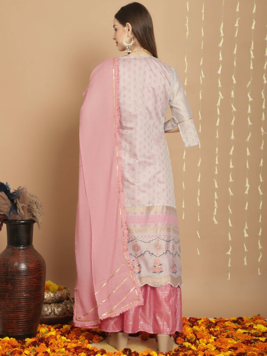 Aastha Fashion Women's Grey Chanderi Silk Elegant Jardoshi Semi Kurta with Trouser & Dupatta - Grab2buy