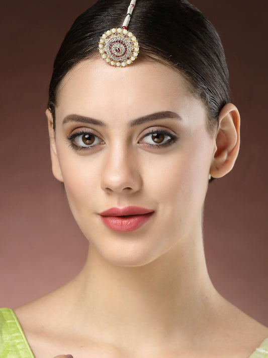 NVR Women's Gold-Polished CZ Stone-Studded Borla Maang Tikka