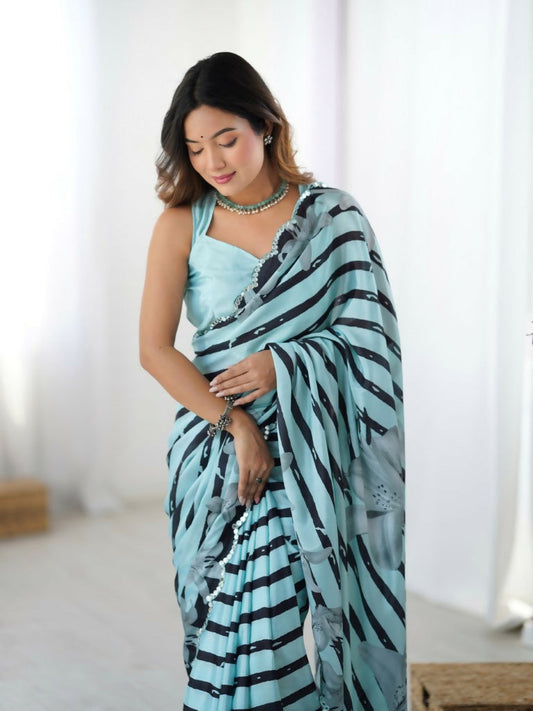 Sea Green Chinon Designer Digital Printed,Mirror Cut Work Saree - Manvika