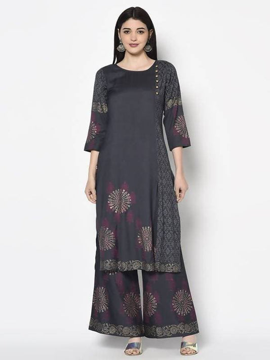 Aniyah Rayon Dark Grey Color Block Print Straight Kurta (AN-203K) | Grab2Buy