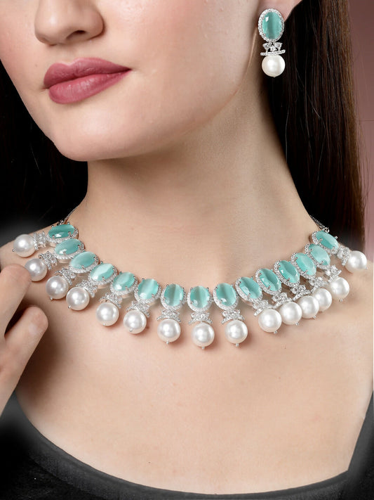 NVR Women's Silver-Plated Green American Diamond Studded Handcrafted Jewellery Set - Grab2buy