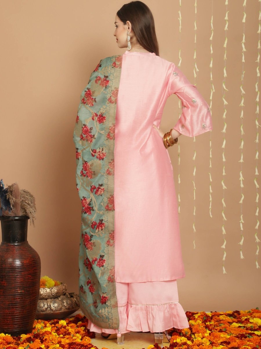 Aastha Fashion Women's Peach Chanderi Silk Elegant Jardoshi Kurta with Trouser & Dupatta - Grab2buy