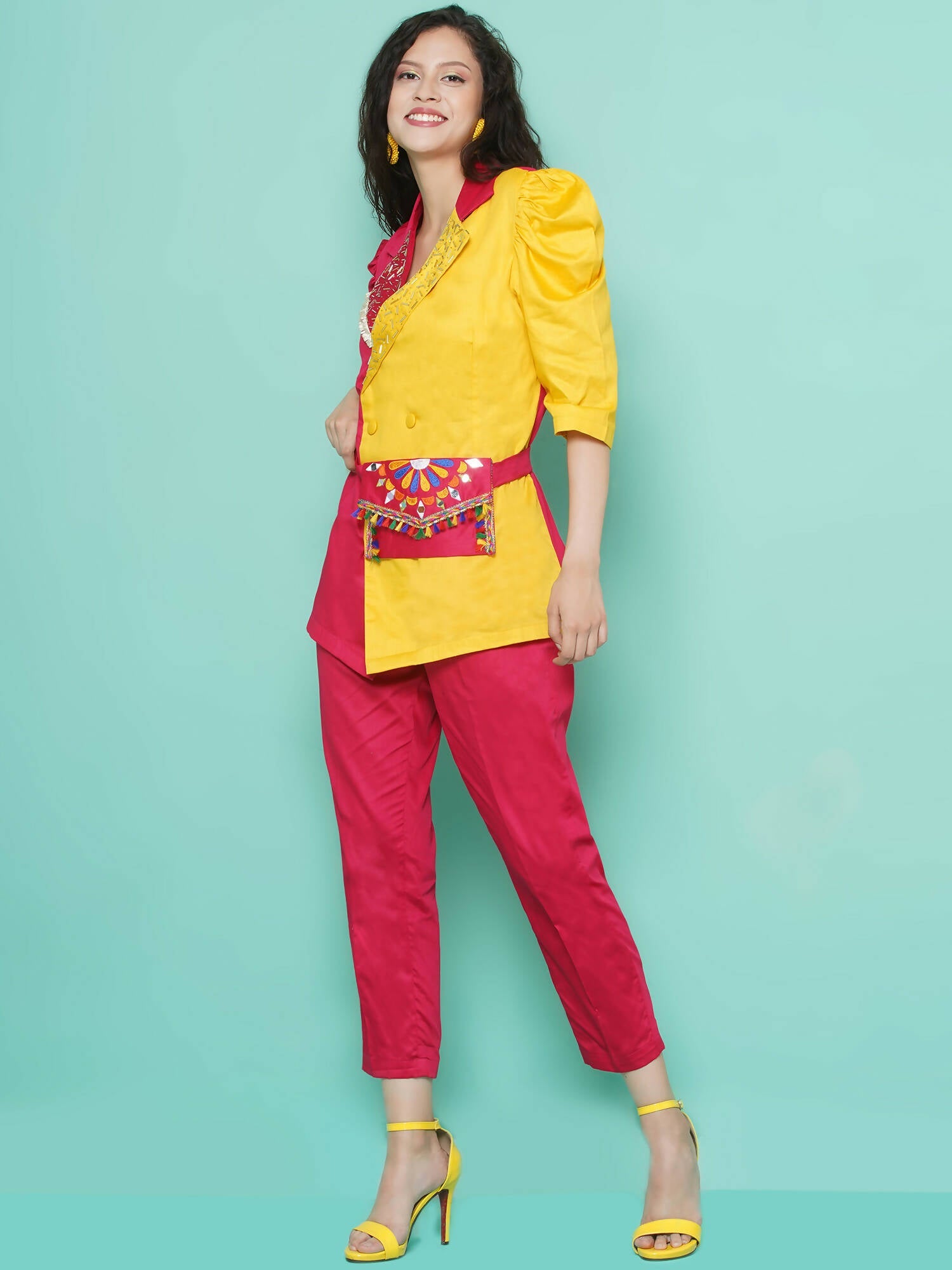 Women Republic Pink And Yellow Cotton Silk hand Embellished Coord set with Pouch - Grab2buy