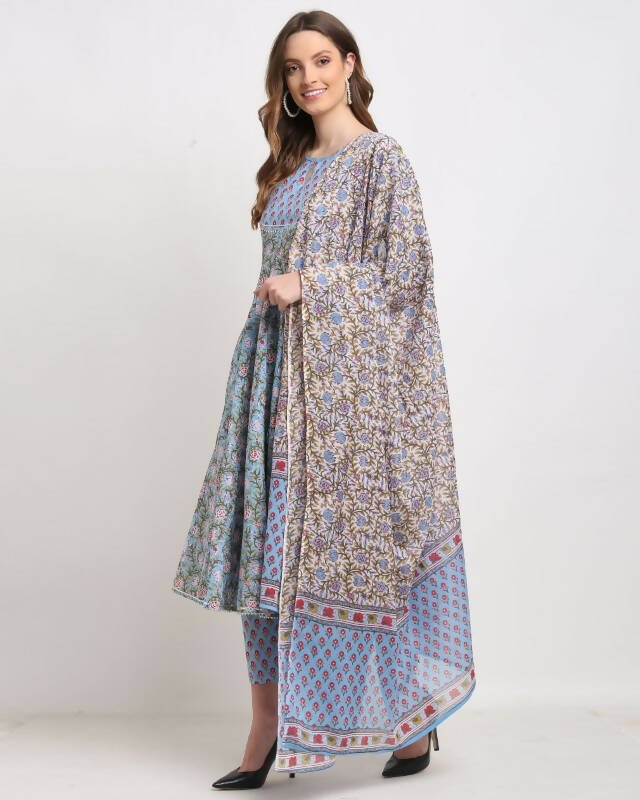 Aastha Fashion Women's Blue Cotton Kalamkari Printed Kurta with Trouser & Dupatta - Grab2buy
