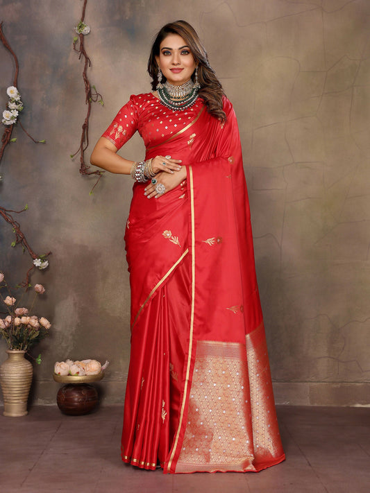 Joban Fashion Red Floral & Botanical Motifs Satin Silk Banarasi Silk Saree