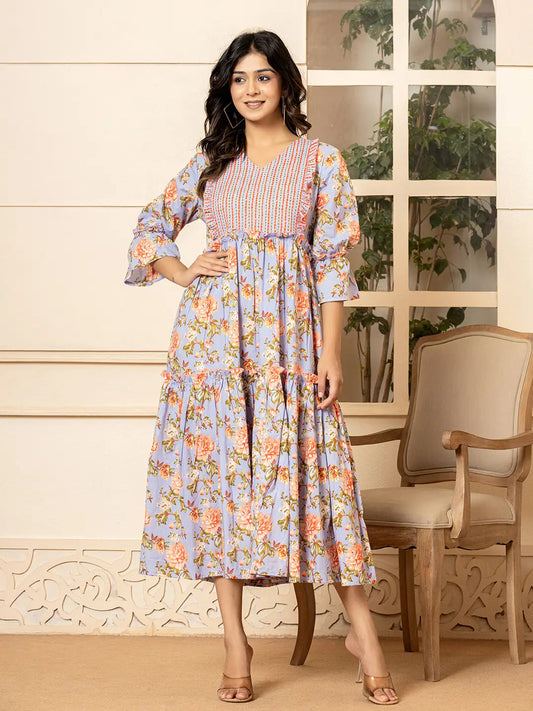Yufta Violet Cotton Floral Print Tiered Dress With Ruffles Grab2Buy Yufta Grab2Buy