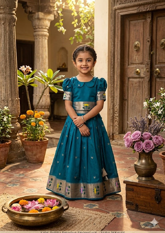 Evanik Blue Soft Silk Paithani Design Zari Weaving Pavadai Lehenga Choli For Kids