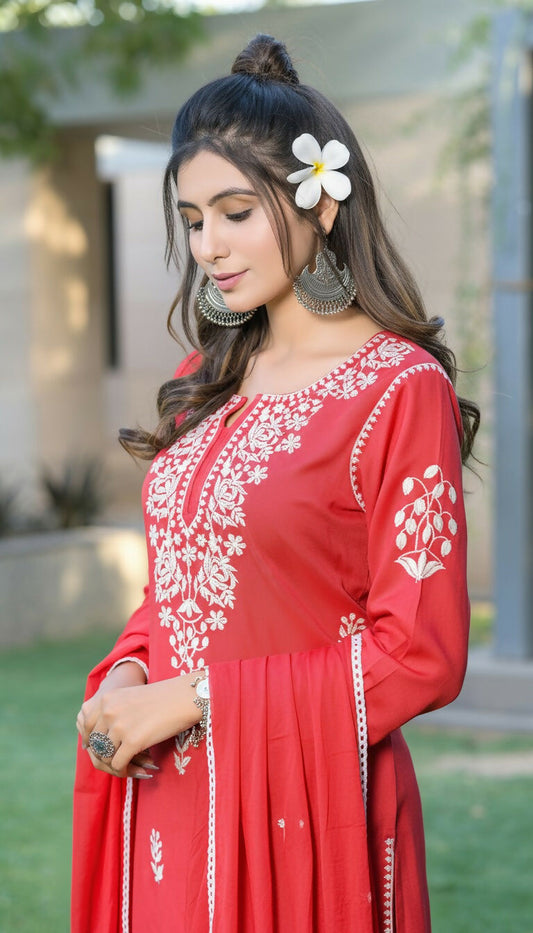BulBul Akshyani Rust Rayon Kurta Set with Dupatta