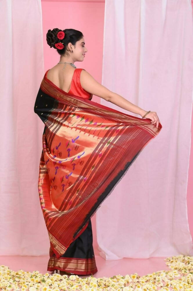 Very Much Indian Traditional Black Pure Silk Paithani With Red Border & Double Pallu - Grab2buy