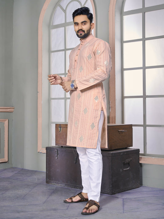 Peach Kurta Pajama Set for Men by Infinity Export