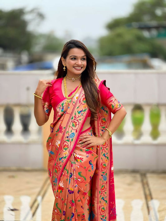 PR Fashion Pink Oft Kanjivaram Paithani Silk With Zari Weaving Meenakari Design Saree