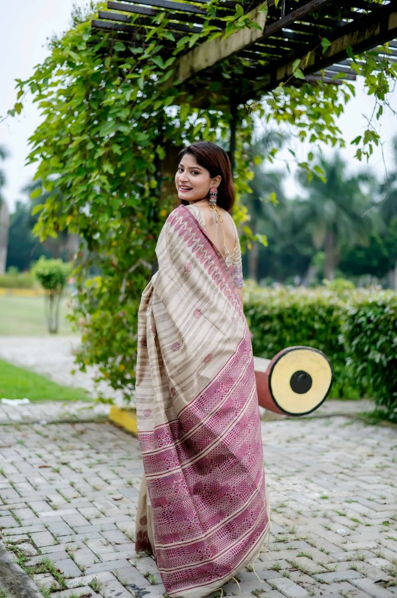 Aastha Fashion Wine Thread Woven Handloom Tussar Silk Saree with Blouse - Grab2buy