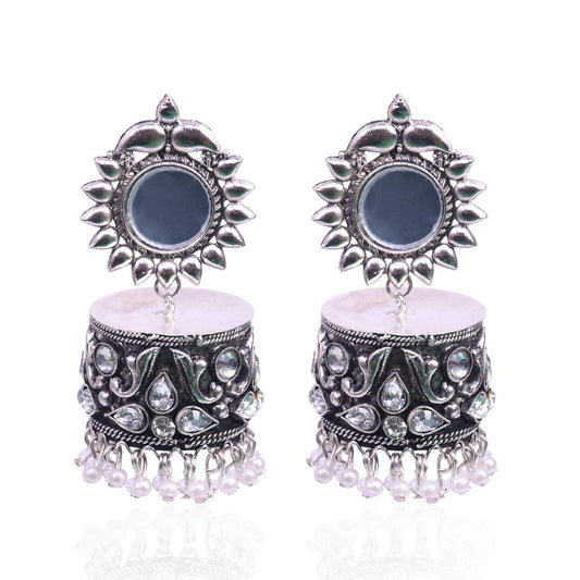 Rhodium-Plated Alloy Silver Plated Mirror Jhumki Earring - The Pari - Grab2buy