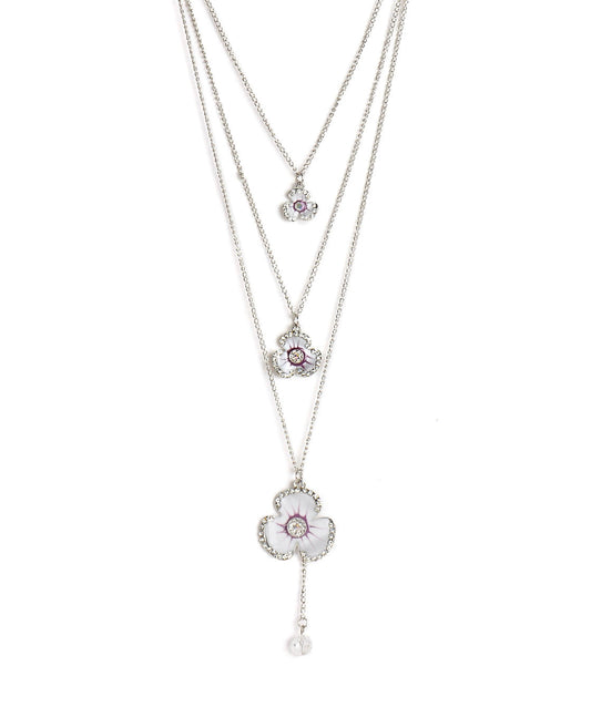 Silver-Plated Alloy Long Three Chain Flower Necklace - The Pari | Swadesiicart