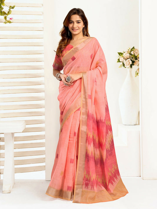 Joban Fashion Peach Ikkat Linen Ready To Wear Saree With Unstitched Blouse