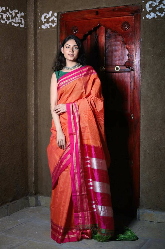 Very Much Indian Handloom Cotton Viscose Ilkal Saree With Pure Resham Pallu - Orange - Grab2buy