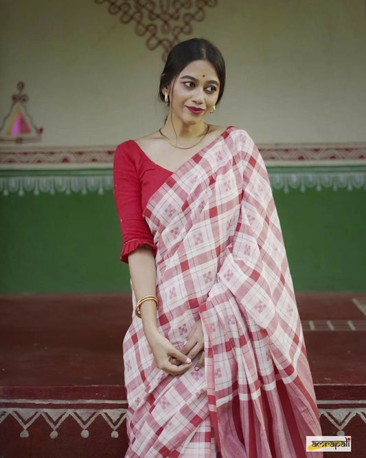 Exclusive Collection Beautiful Check Red Pure Cotton Woven Handloom Grab2Buy With Running Blouse Piece