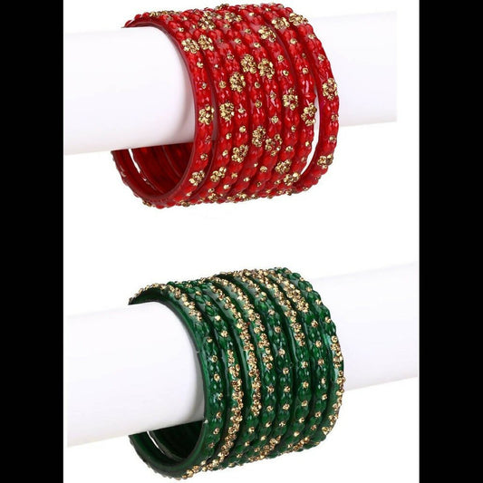 Afast Bridal Wedding & Party Fashionable Colorful Glass Bangle/Kada Set, Pack Of 16 - Red, Green | Grab2Buy