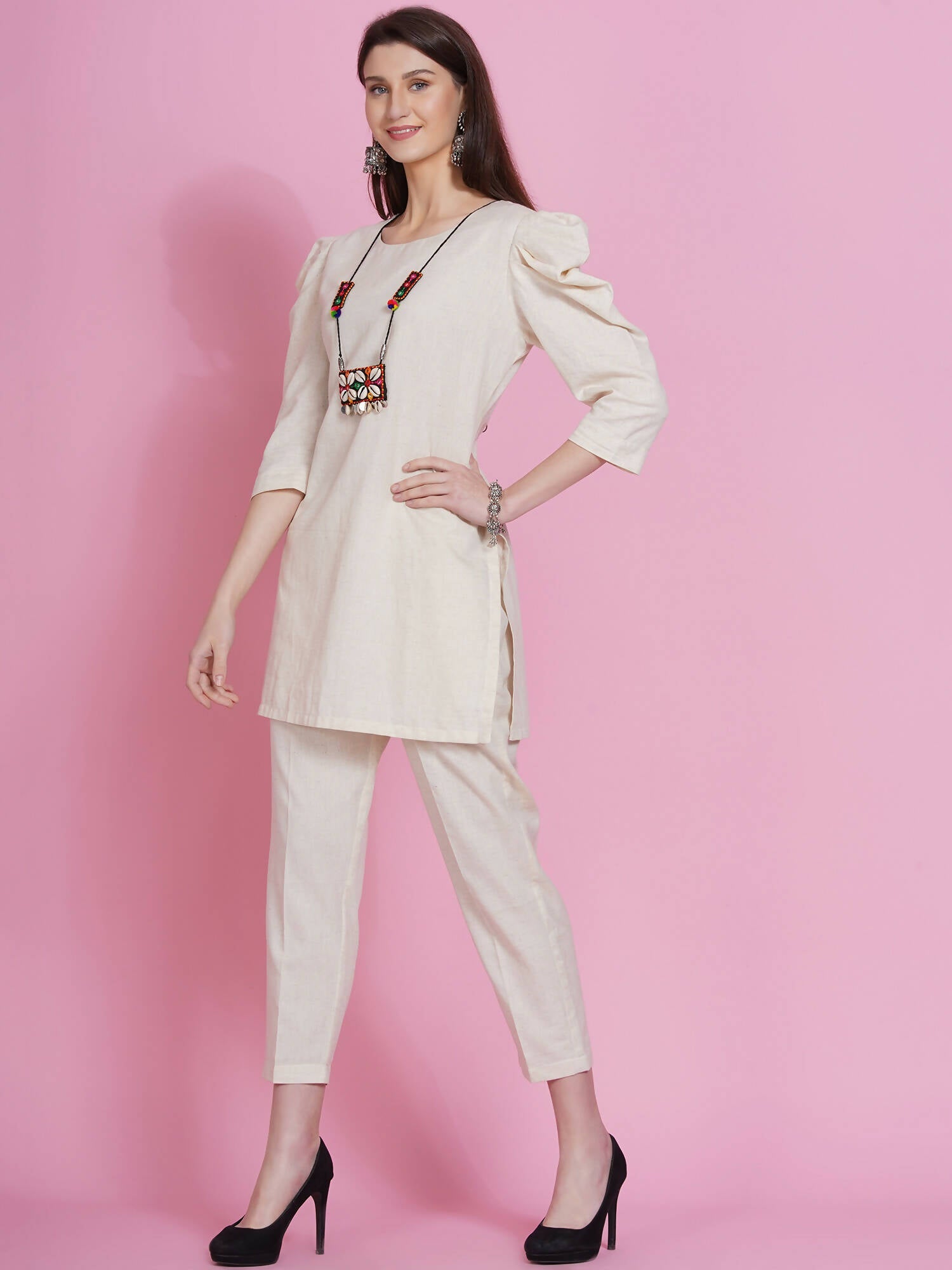 Women Republic Off White Cotton Flex Kurta With Attached Necklace And Pants - Grab2buy