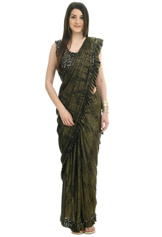 Mominos Fashion All Season Wear Olive Green And Black Ruffled Ready To Wear Saree - Grab2buy
