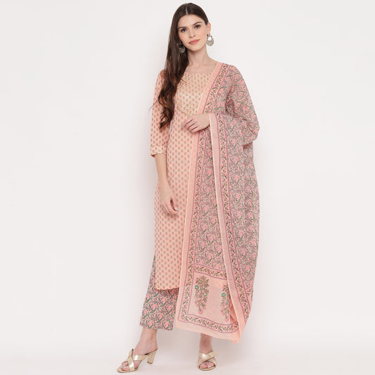 NOZ2TOZ Women's Foil Print & Gota Patti Work Straight Cotton Peach Kurta, Pant & Dupatta