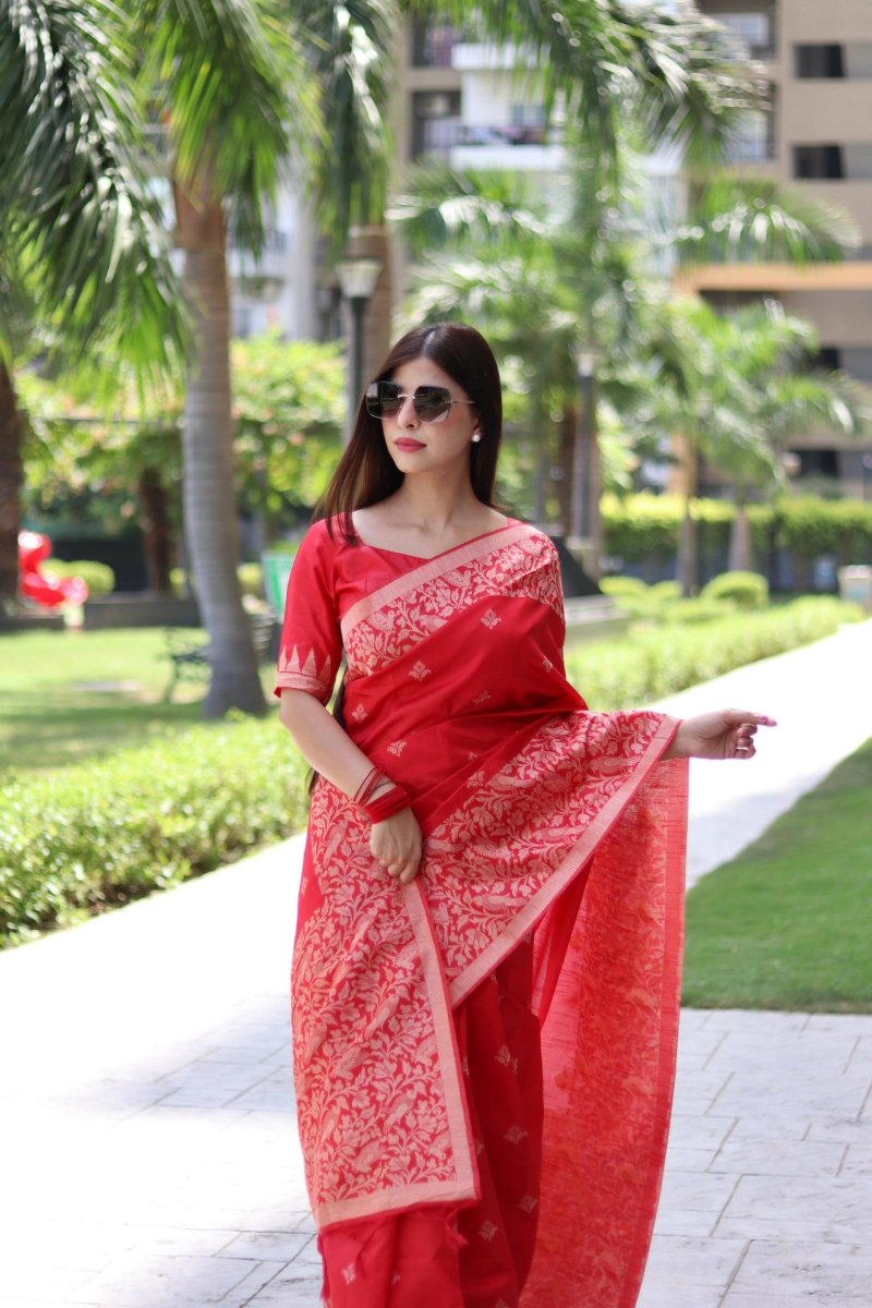 Aastha Fashion Red Woven Handloom Raw Silk Saree with Blouse - Grab2buy