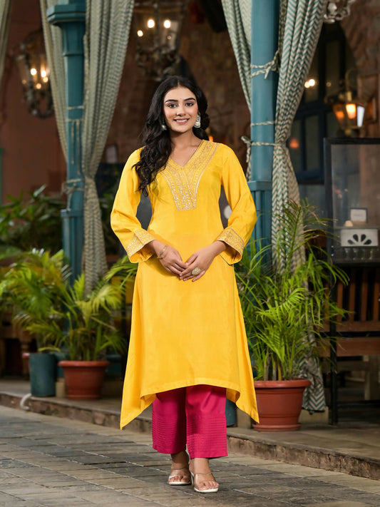 Juniper Women's Yellow Solid Viscose Kurta & Pant Set With Zari Work & Sequins