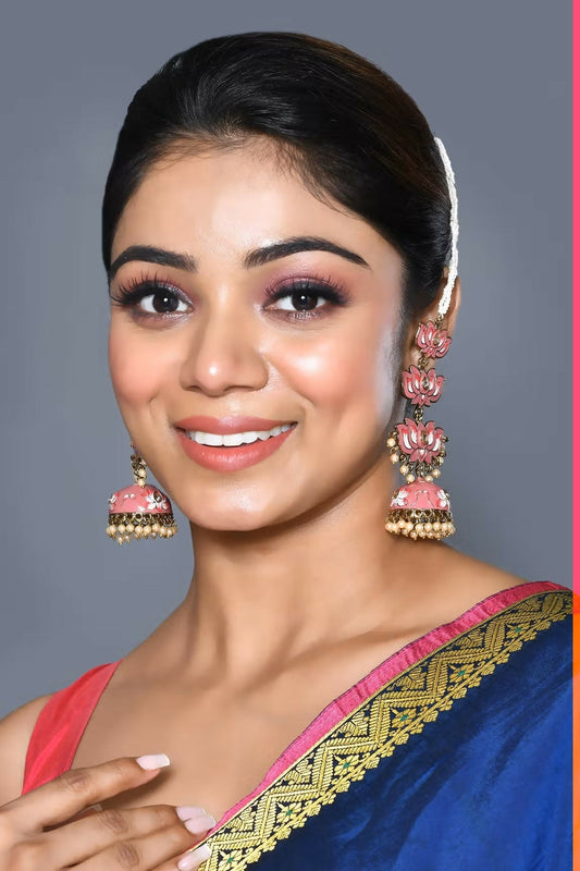 Joban Fashion Women Kundan Pearl Mina Golden White Pink Earrings