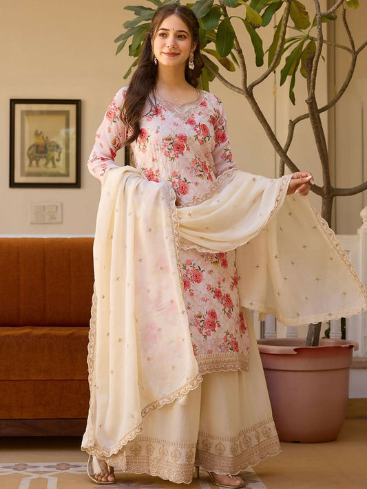 The52 White Women's Gorgeous Embroidered Chinon Fabric Straight Kurta Palazzo and Dupatta Set | Grab2Buy