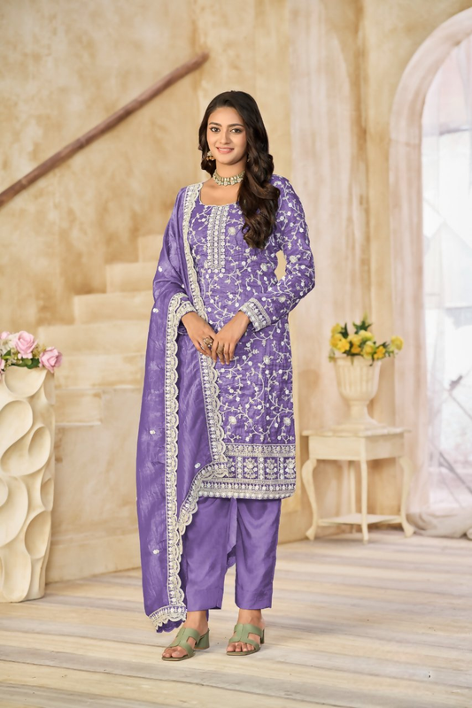 Anaita Purple Organza Crush Stitched Suit with Embroidery Work