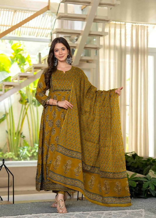 Jaimini Women Cotton Printed Round Neck 3/4 Sleeves Calf Length Flared Kurta Pant And Dupatta Set