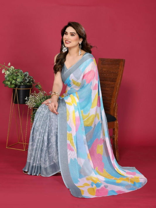 PR Fashion Grey Moss Chiffon Printed Saree