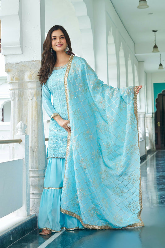 Teeya Creation Sky Color Chinon Silk Heavy Embroidery Work Fully Stitched Salwar Suit