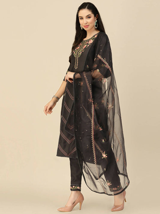 Black Embroidered Chinon Straight Kurta With Trouser & Dupatta - Salimar