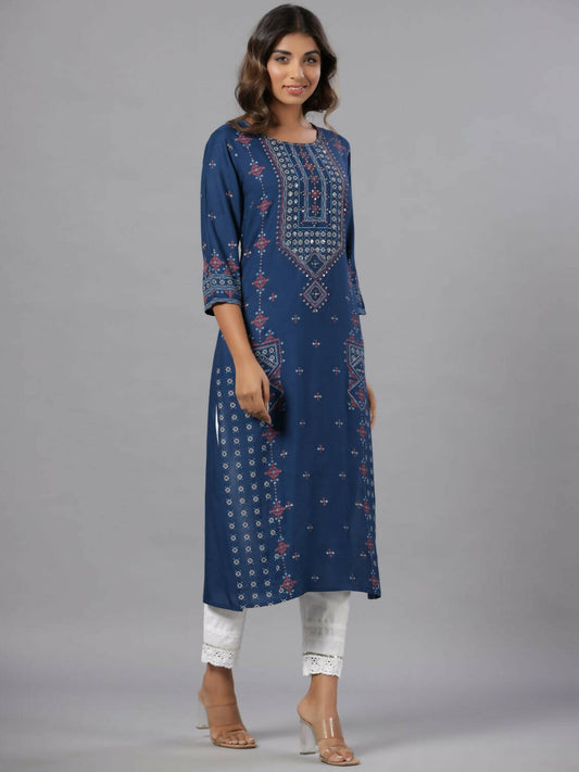 Juniper Women Navy Blue Printed Straight Kurta