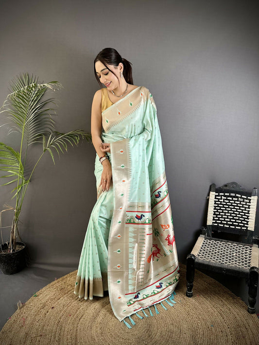 Joban Fashion Sea Green Peacock & Floral Motifs Soft Lichi Silk Kanchipuram Saree