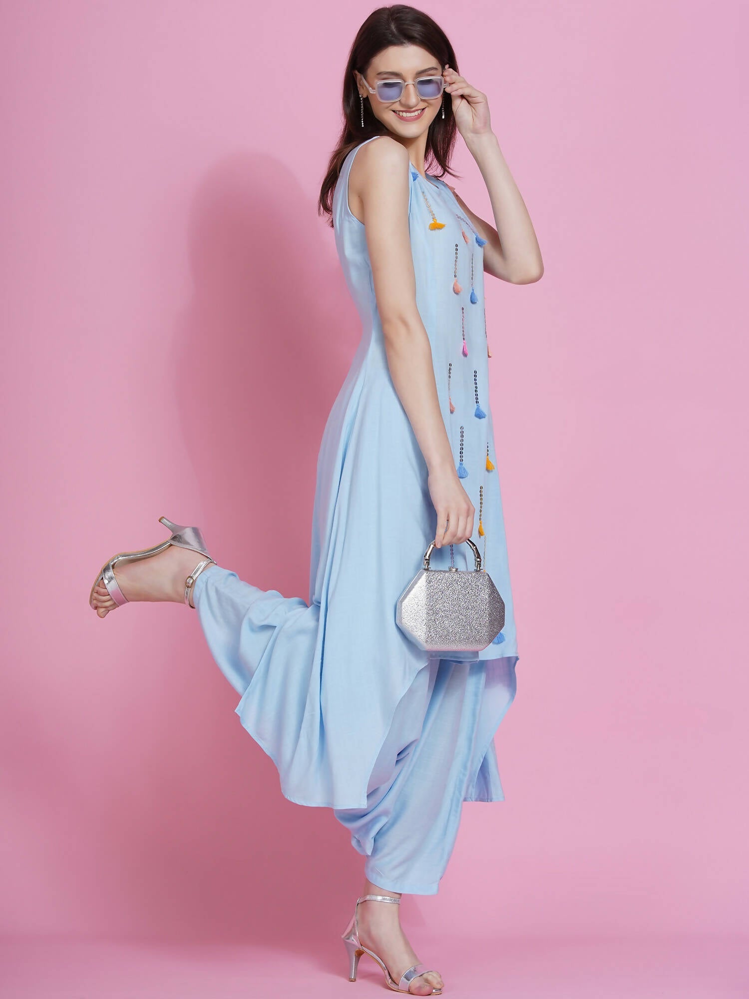 Women Republic Powder Blue Hand Embellished Kurta With Harem Pants - Grab2buy