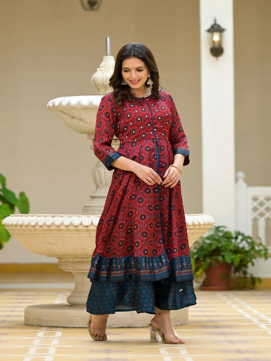 Juniper Women's Red Ethnic Motif Printed Cotton Maxi Dress With Button