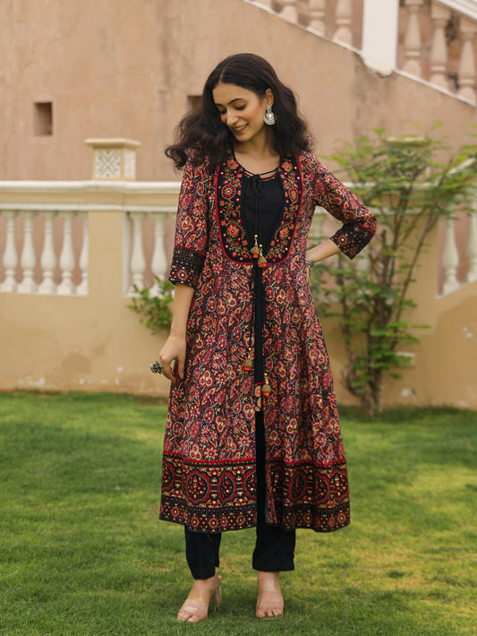 Juniper Women's The Mahautsavam Black Ethnic Motif Printed Muslin Shrug Inner & Pant Set With Thread & Mirror Work